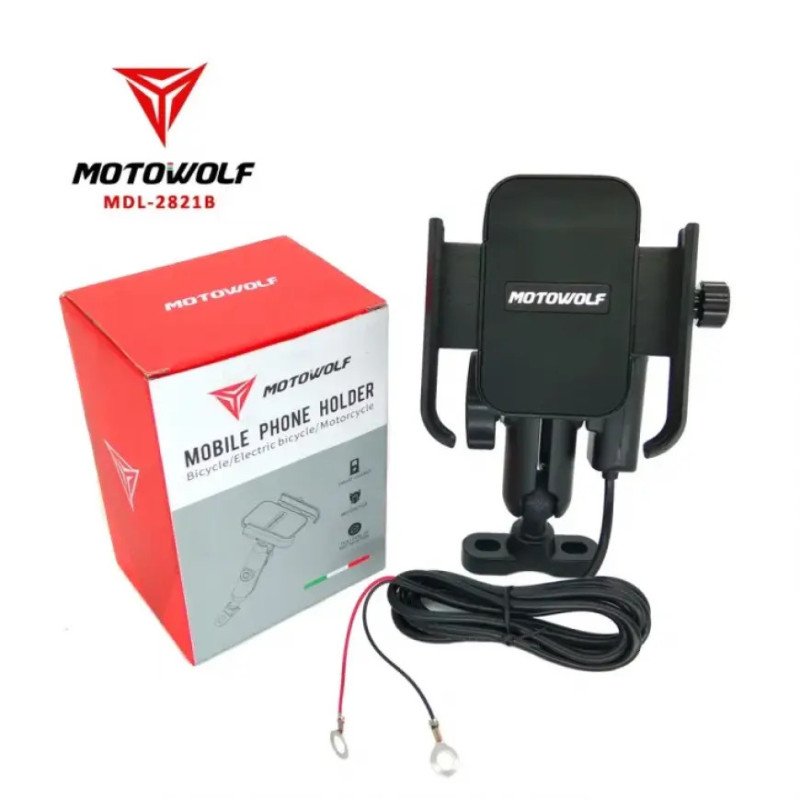 SOPORTE CELULAR C/CARGADOR P/ESPEJO MOTOWOLF